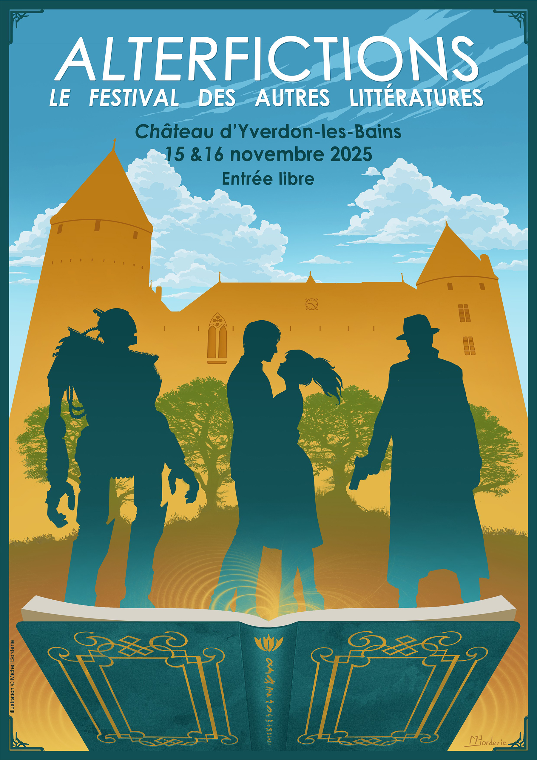 L'affiche officielle d'Alterfictions, représentent des silhouettes stylisées pour les genres fantastiques et sf, romance, policier. Les silhouette semblent sortir d'un grand livre ouvert. Le tout sur le fond de la silhouette du château d'Yverdon les bains.